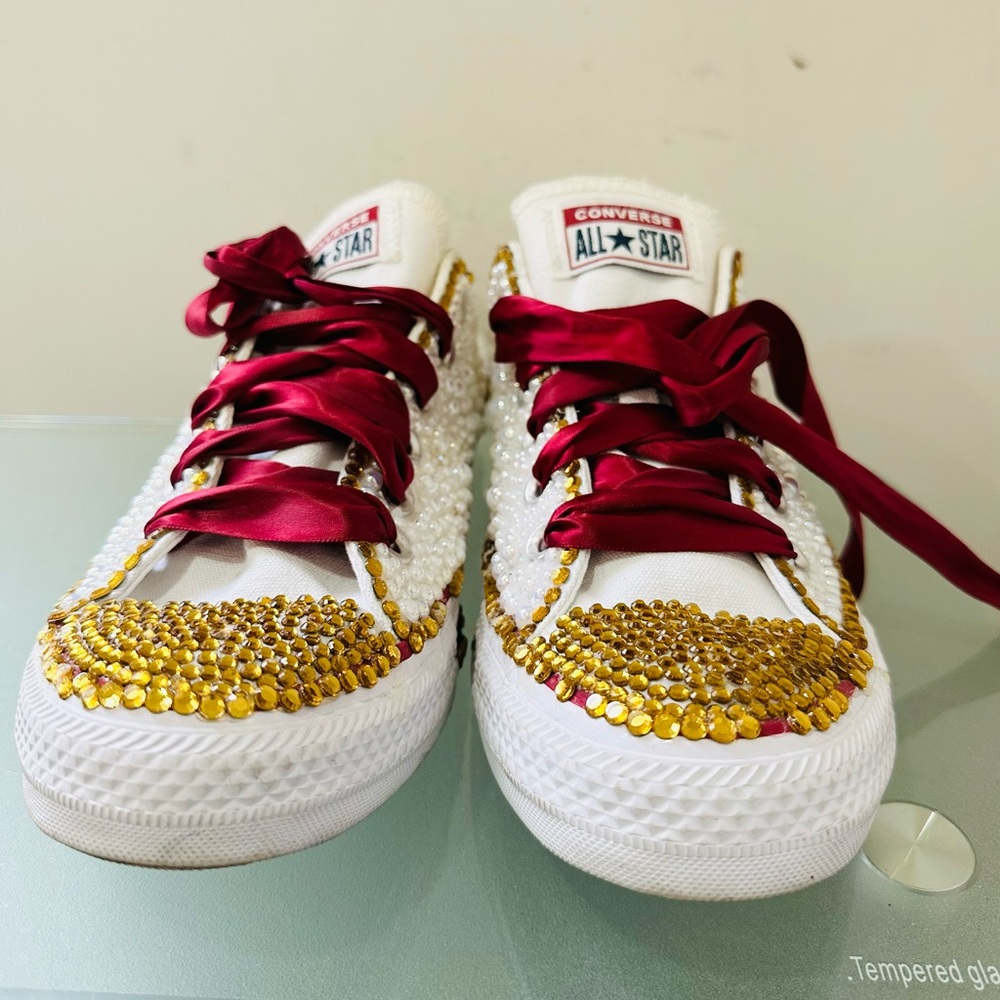 Converse CT All Star Ox Customized‎ Size 8 Pearl Sneakers Ribbon Laces Youth - Picture 3 of 10